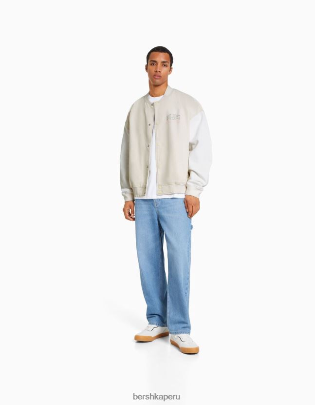 crema Bershka hombres cazadora bomber vaquera con hilo en contraste 806J6B3098
