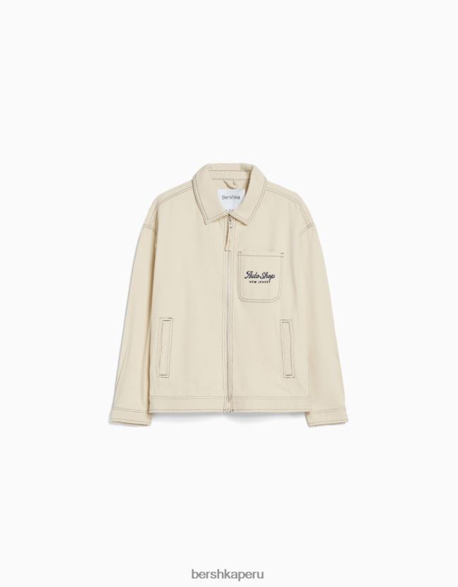 crema Bershka hombres chaqueta de algodón bordada con costuras en contraste 806J6B3076