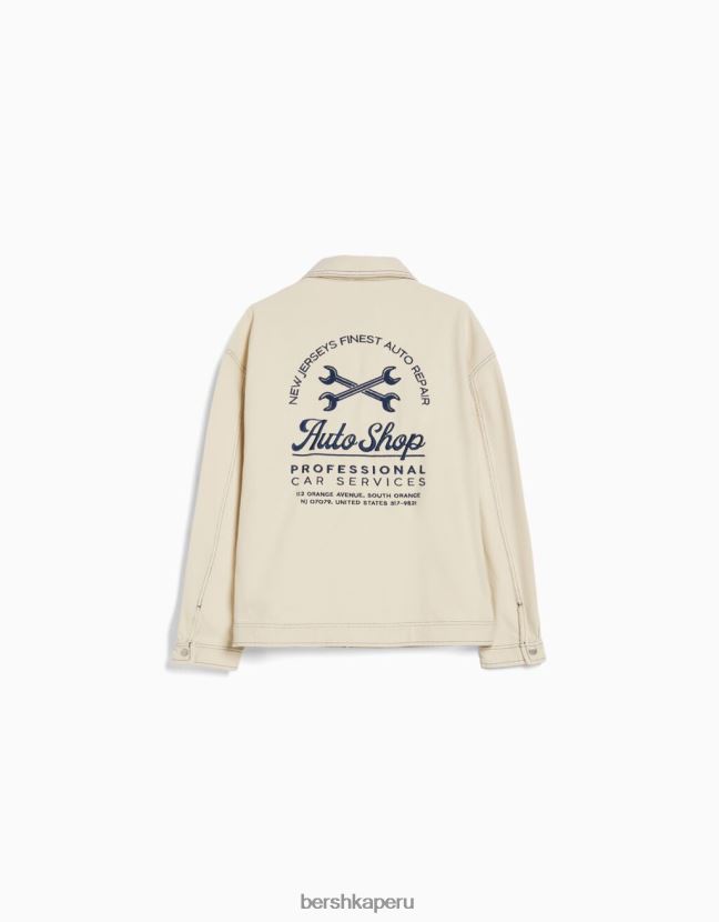 crema Bershka hombres chaqueta de algodón bordada con costuras en contraste 806J6B3076