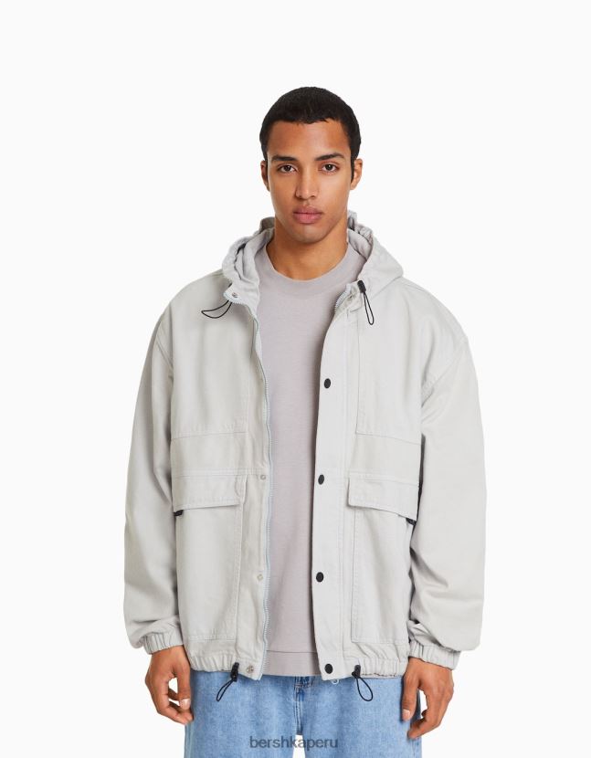 gris Bershka hombres chamarra de paracaídas de mezclilla con capucha 806J6B3075