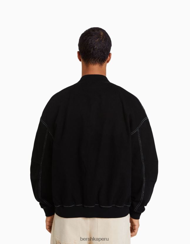 negro Bershka hombres cazadora bomber vaquera con hilo en contraste 806J6B3099
