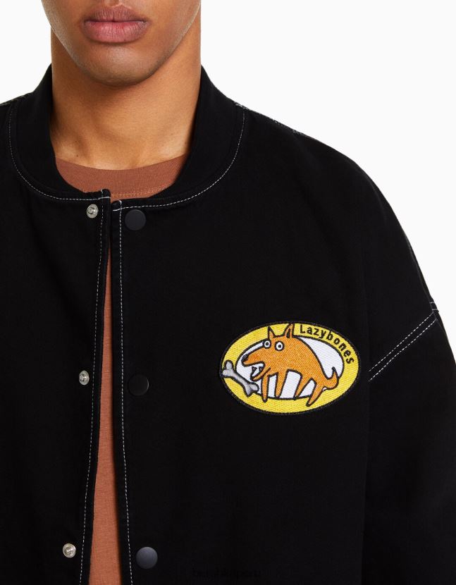 negro Bershka hombres cazadora bomber vaquera con hilo en contraste 806J6B3099
