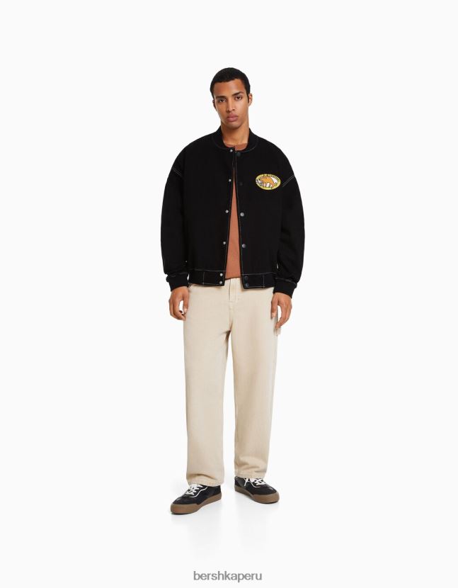 negro Bershka hombres cazadora bomber vaquera con hilo en contraste 806J6B3099