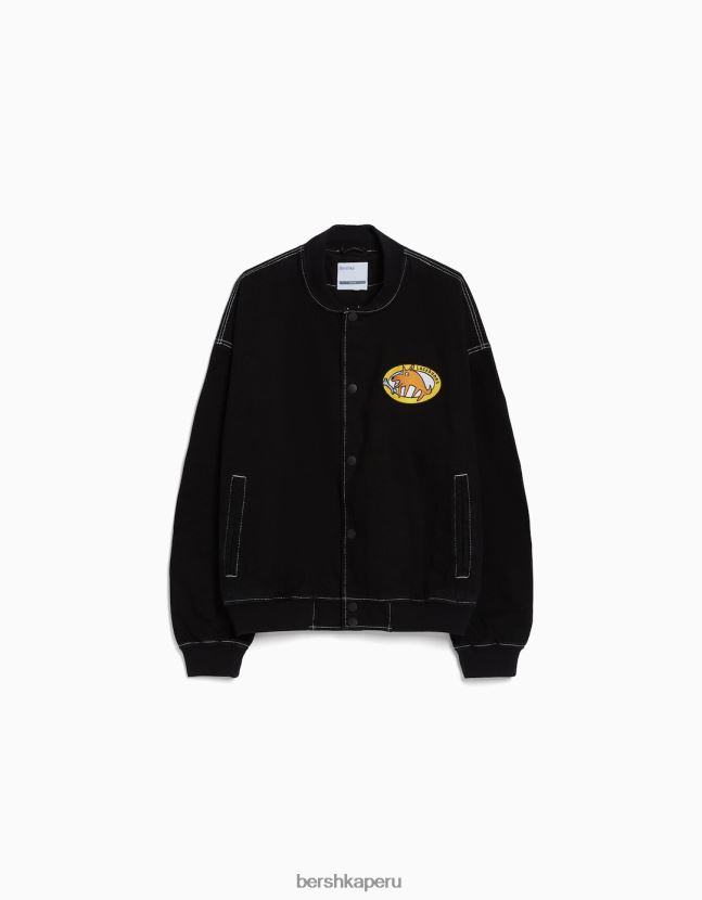 negro Bershka hombres cazadora bomber vaquera con hilo en contraste 806J6B3099