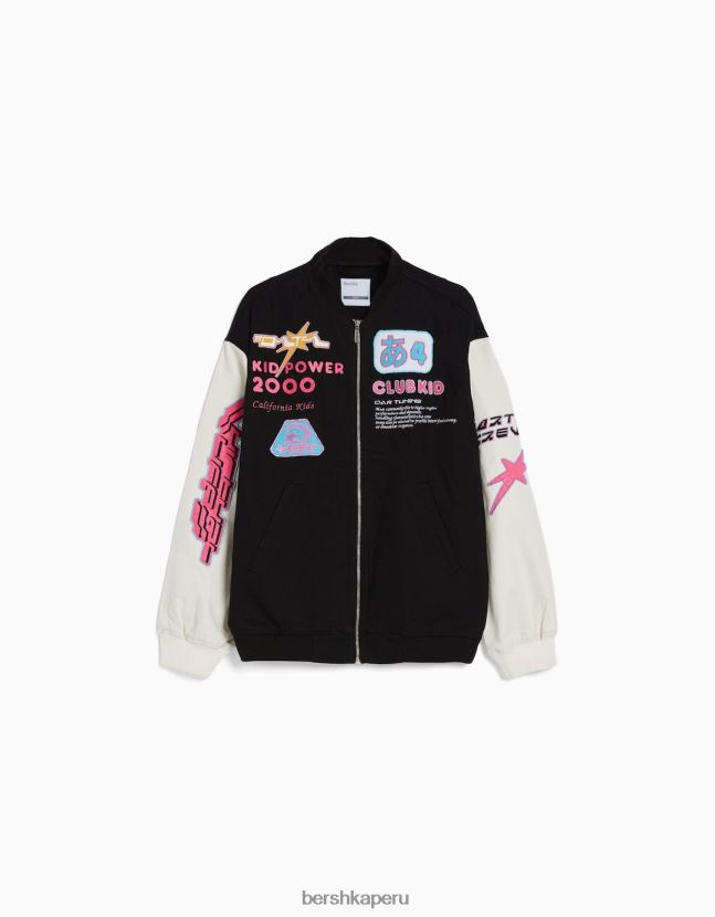 negro Bershka hombres chamarra bomber de mezclilla con parches universitarios 806J6B3047