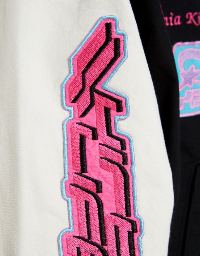 negro Bershka hombres chamarra bomber de mezclilla con parches universitarios 806J6B3047