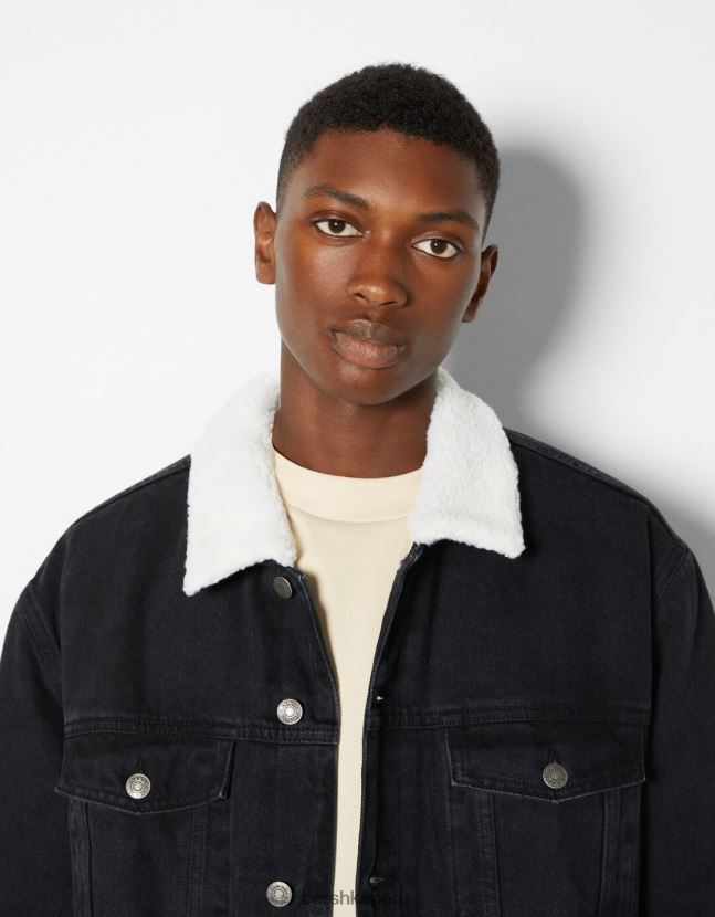 negro Bershka hombres chaqueta vaquera con forro polar 806J6B3100
