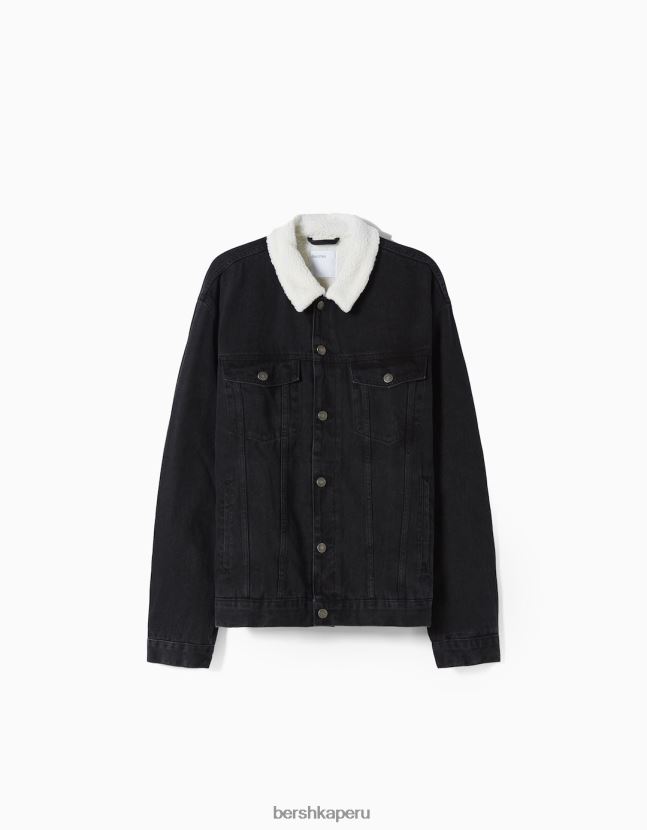 negro Bershka hombres chaqueta vaquera con forro polar 806J6B3100