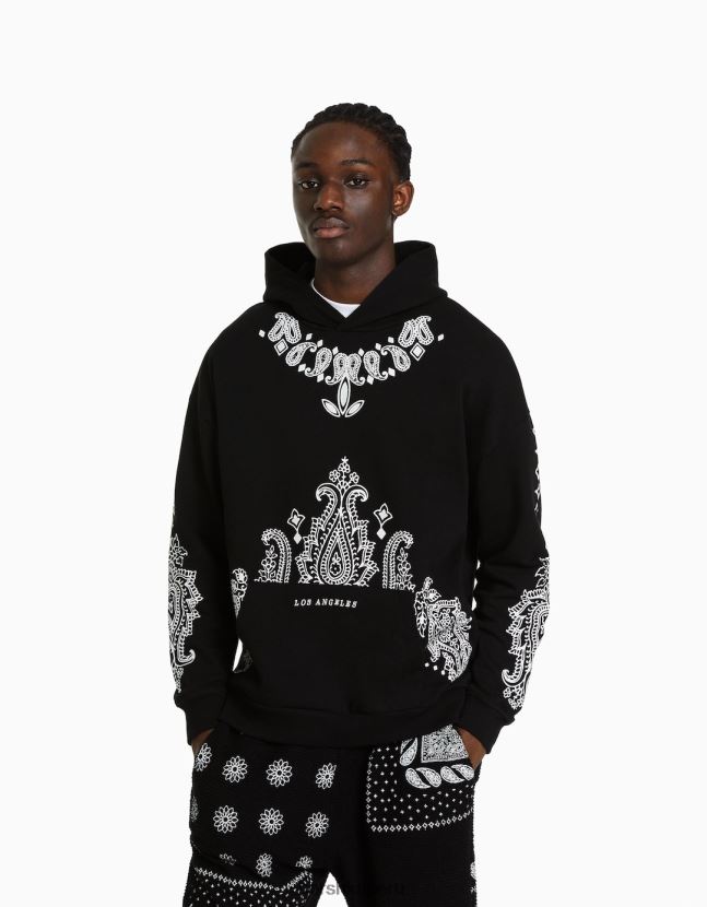 negro Bershka hombres sudadera oversize con estampado de cachemira 806J6B2982
