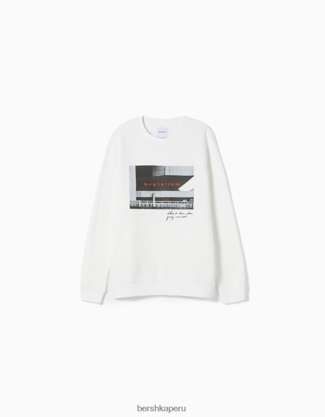 blanco Bershka hombres sudadera easy fit con estampado fotográfico 806J6B2979
