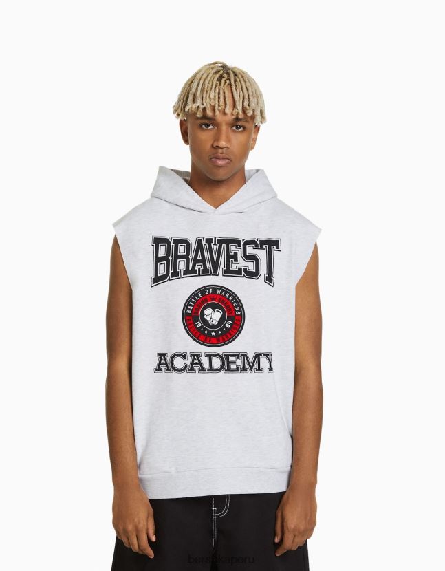 gris Bershka hombres chaleco de polar con capucha y estampado de boxeo 806J6B2946
