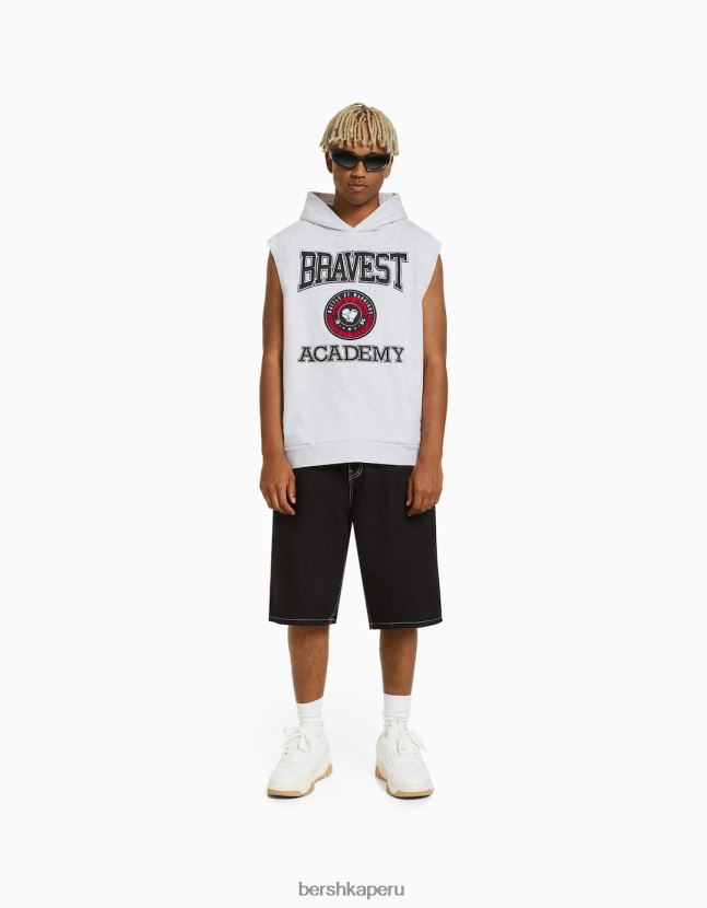 gris Bershka hombres chaleco de polar con capucha y estampado de boxeo 806J6B2946