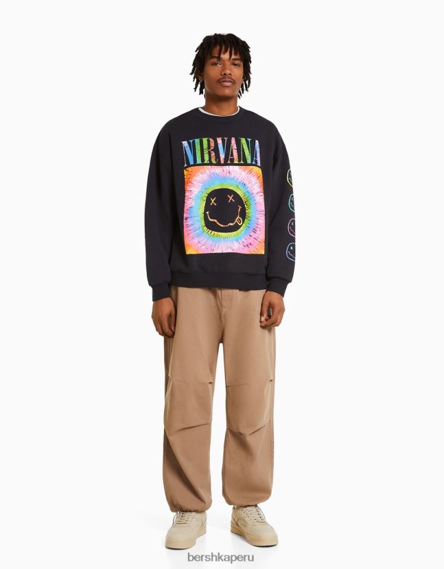 gris oscuro Bershka hombres sudadera con estampado de nirvana 806J6B2974