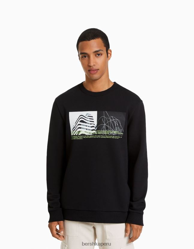 negro Bershka hombres sudadera easy fit con estampado fotográfico 806J6B2980