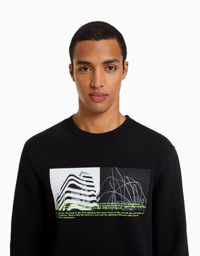 negro Bershka hombres sudadera easy fit con estampado fotográfico 806J6B2980
