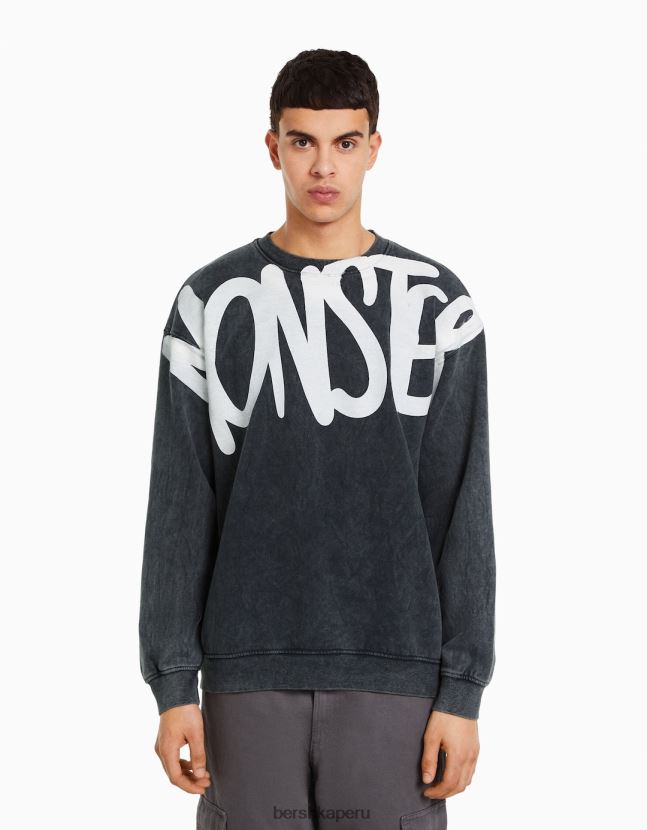 plata Bershka hombres sudadera oversize desteñida con estampado 806J6B2978