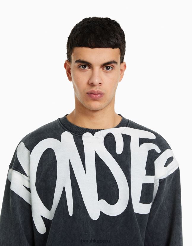 plata Bershka hombres sudadera oversize desteñida con estampado 806J6B2978