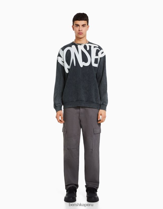 plata Bershka hombres sudadera oversize desteñida con estampado 806J6B2978