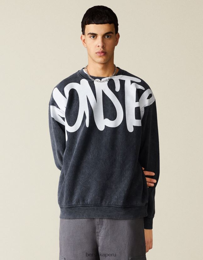 plata Bershka hombres sudadera oversize desteñida con estampado 806J6B2978