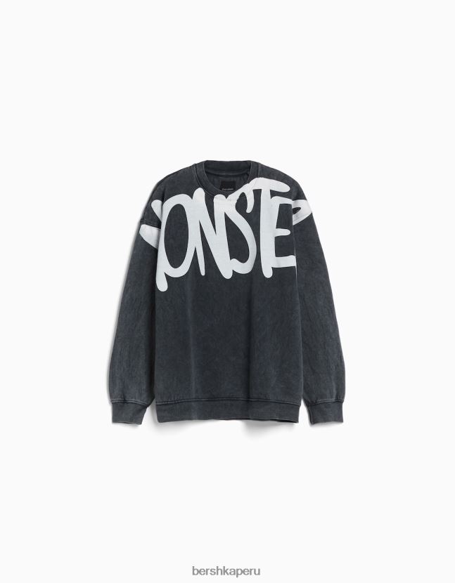 plata Bershka hombres sudadera oversize desteñida con estampado 806J6B2978