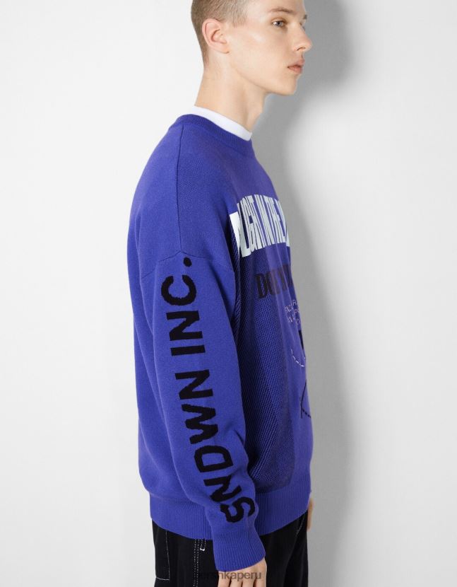 azul Bershka hombres suéter estampado de manga larga 806J6B3006