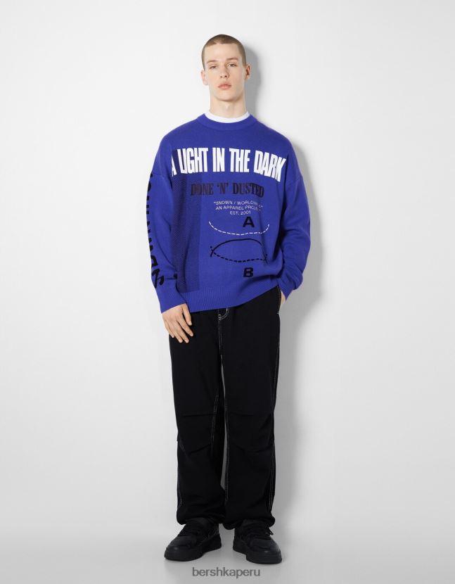 azul Bershka hombres suéter estampado de manga larga 806J6B3006