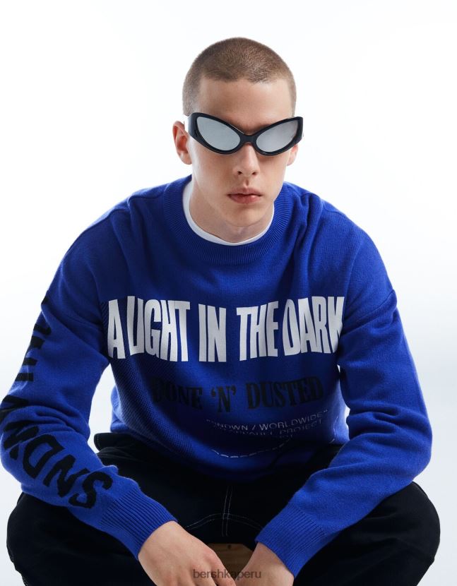 azul Bershka hombres suéter estampado de manga larga 806J6B3006