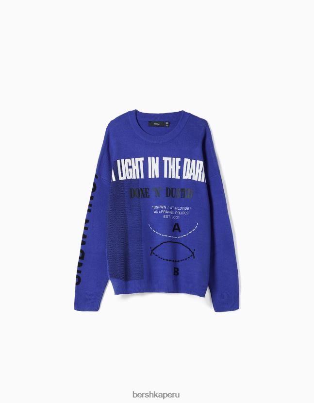 azul Bershka hombres suéter estampado de manga larga 806J6B3006