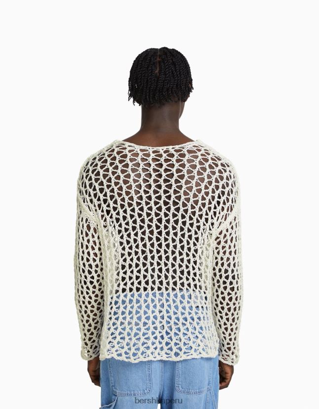 blanco Bershka hombres jersey de malla con cuello redondo 806J6B2996