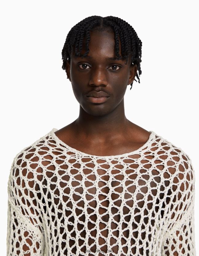 blanco Bershka hombres jersey de malla con cuello redondo 806J6B2996