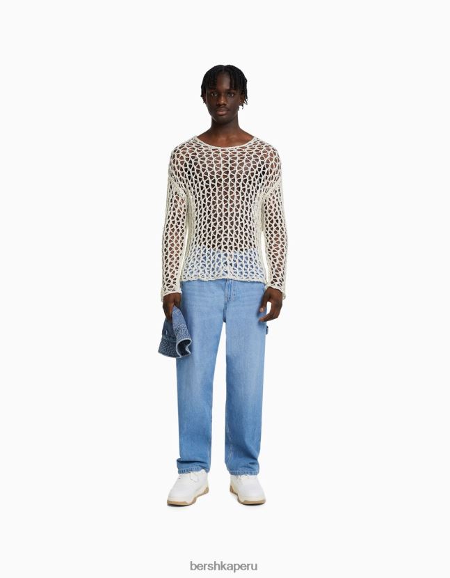 blanco Bershka hombres jersey de malla con cuello redondo 806J6B2996