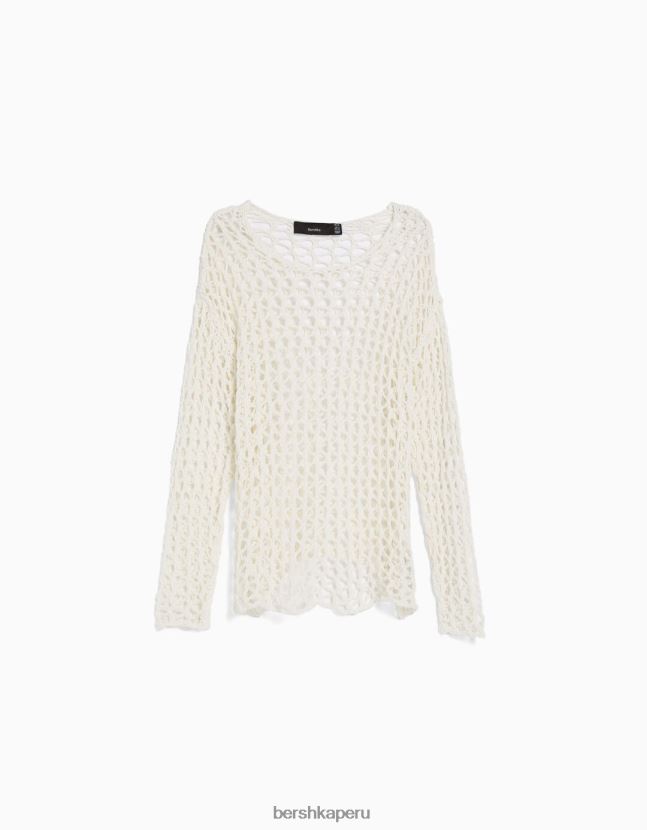 blanco Bershka hombres jersey de malla con cuello redondo 806J6B2996