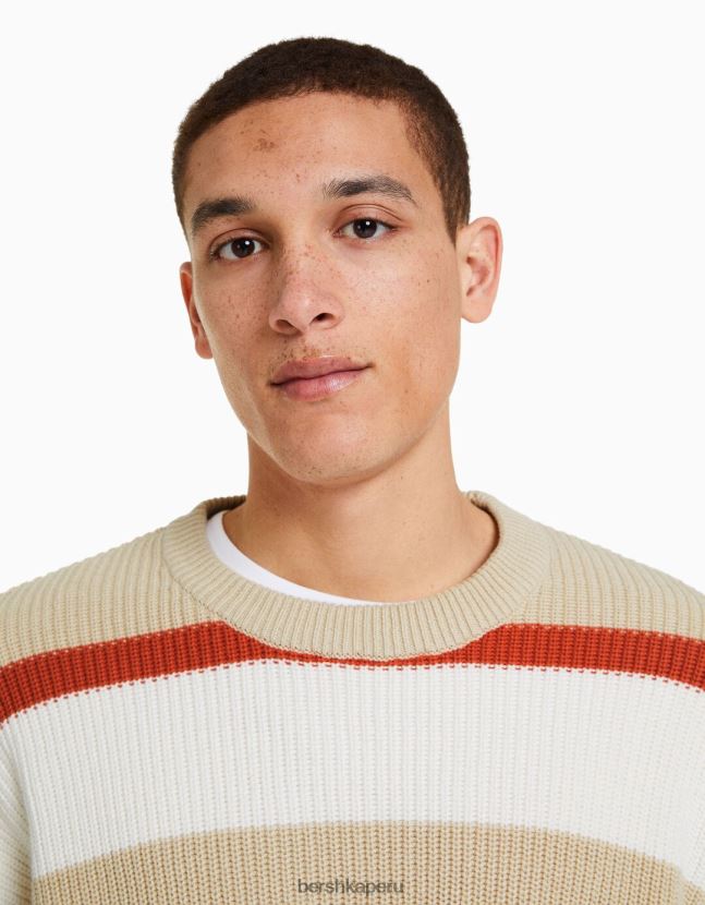 crema Bershka hombres suéter con rayas horizontales 806J6B3013