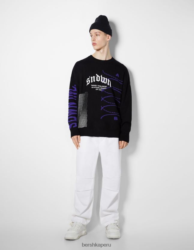 negro Bershka hombres suéter estampado de manga larga 806J6B3005