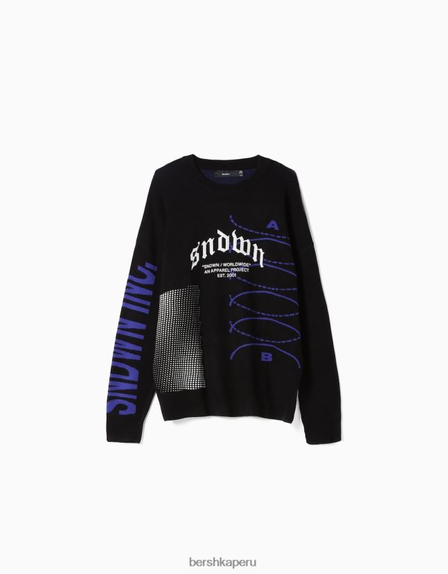 negro Bershka hombres suéter estampado de manga larga 806J6B3005