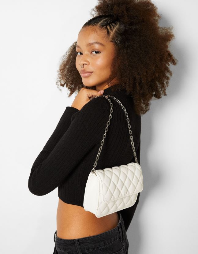 blanco Bershka mujer bolso de mano acolchado con asa de cadena 806J6B2362