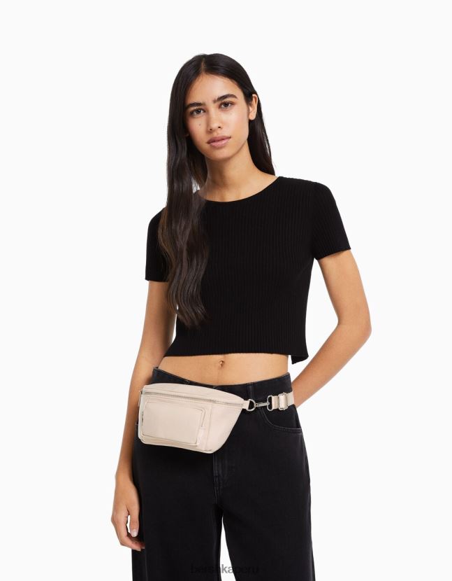 crema Bershka mujer riñonera de tela con cremalleras 806J6B2394