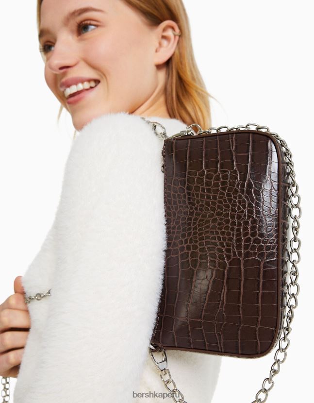 marrón Bershka mujer bolso efecto cocodrilo con detalle de cadena 806J6B2412