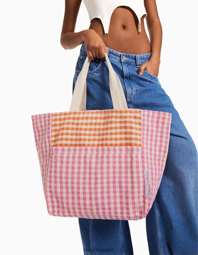 rosa Bershka mujer bolso shopper de cuadros vichy con correas 806J6B1930