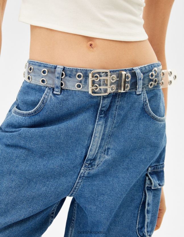 crema Bershka mujer cinturón transparente con ojales dobles 806J6B2548