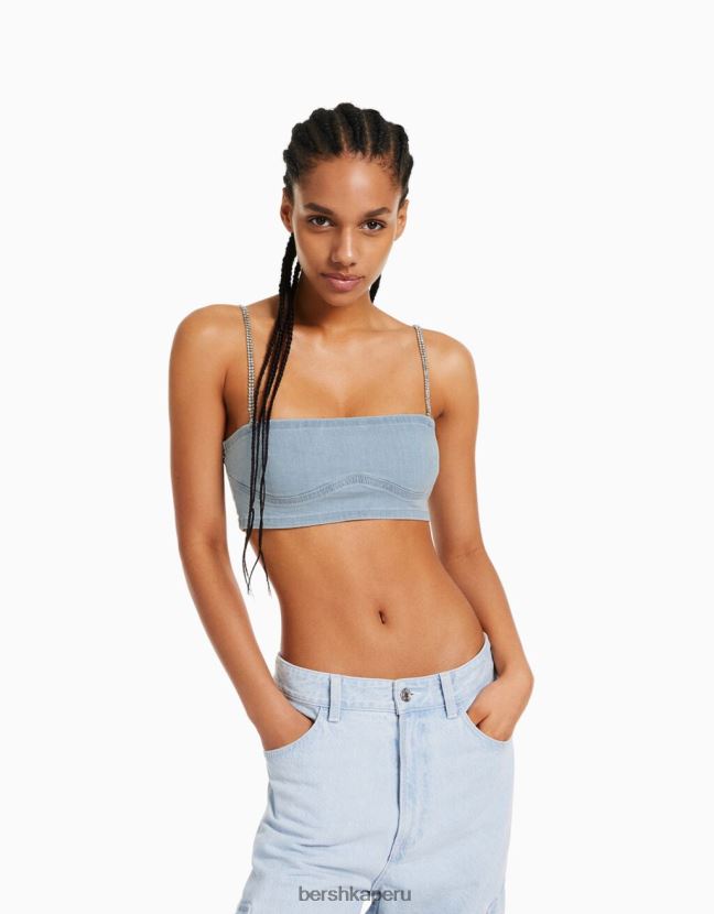 azul claro Bershka mujer sujetador de tiras de mezclilla con detalle de pedrería 806J6B1951