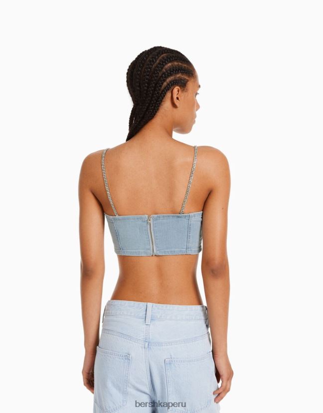 azul claro Bershka mujer sujetador de tiras de mezclilla con detalle de pedrería 806J6B1951
