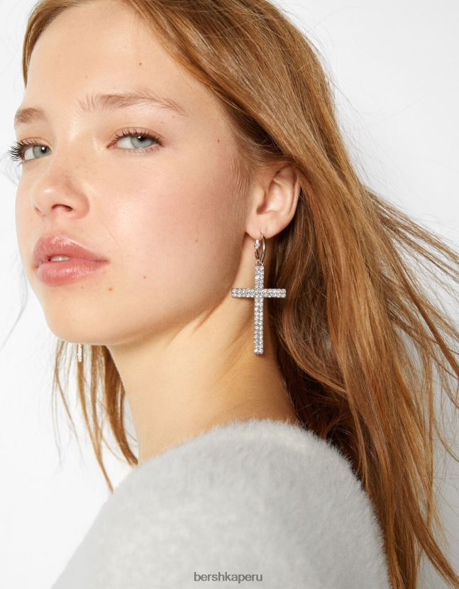 plata Bershka mujer aretes con cruz de pedrería 806J6B2441