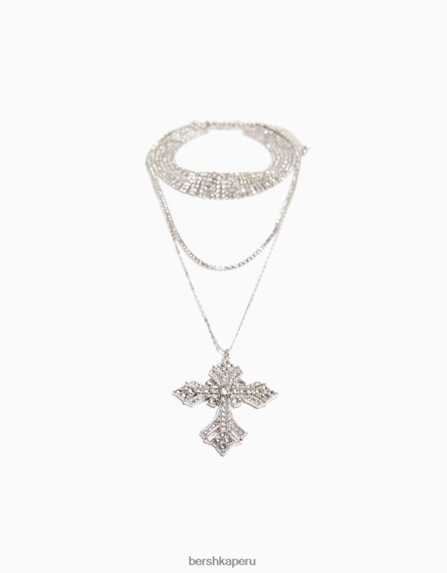 plata Bershka mujer conjunto de 3 gargantillas de strass y collares de cadena cruzada 806J6B2488