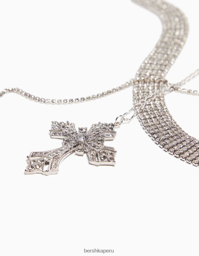 plata Bershka mujer conjunto de 3 gargantillas de strass y collares de cadena cruzada 806J6B2488