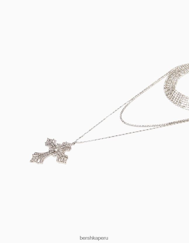 plata Bershka mujer conjunto de 3 gargantillas de strass y collares de cadena cruzada 806J6B2488