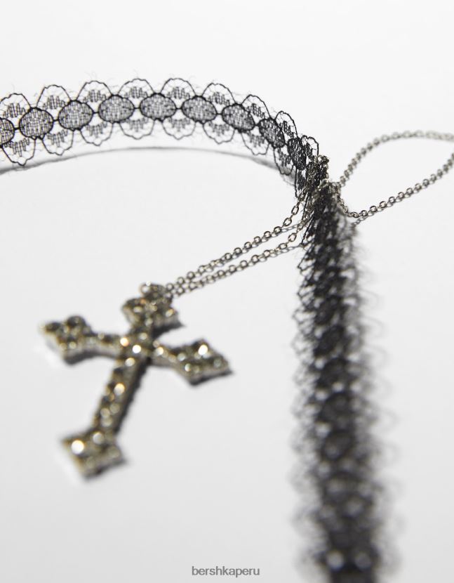 plata Bershka mujer juego de 2 gargantillas de encaje y collares de cadena cruzada 806J6B2444