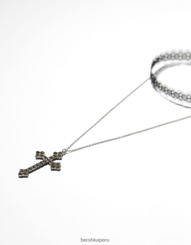 plata Bershka mujer juego de 2 gargantillas de encaje y collares de cadena cruzada 806J6B2444
