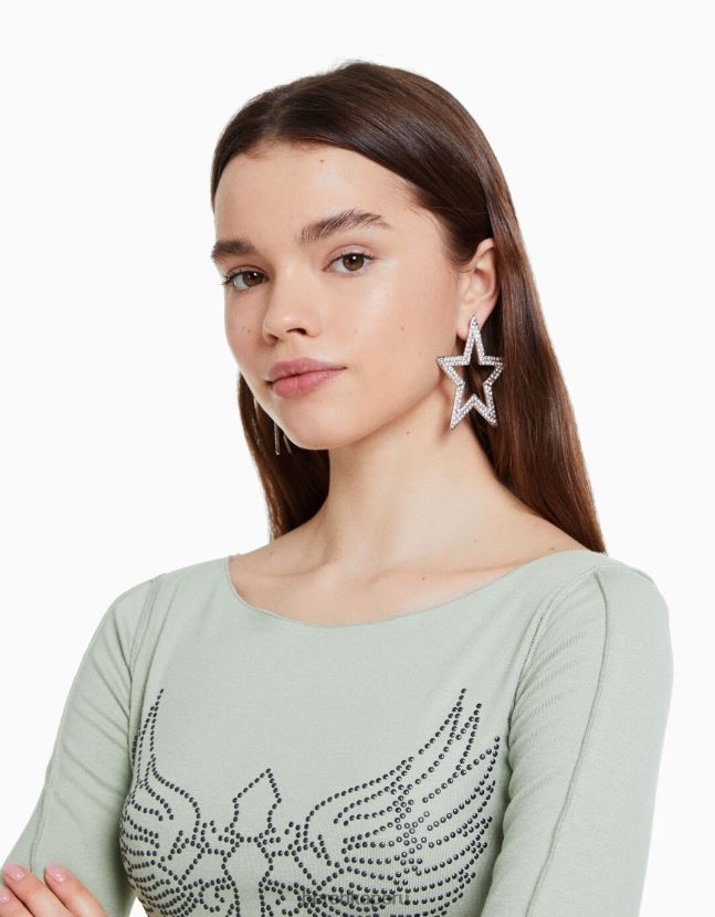 plata Bershka mujer pendientes de estrella de diamantes de imitación 806J6B1865
