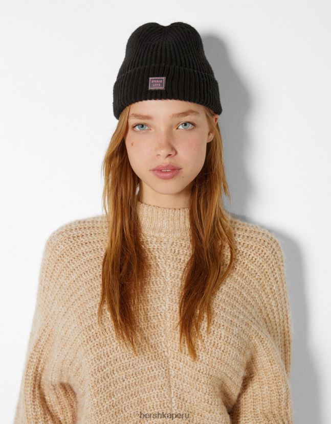 negro Bershka mujer gorro corto con parche 806J6B2558